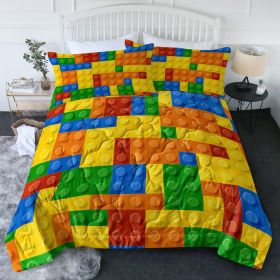 3pcs printed bedding with colorful building blocks pieced together, 1 quilt, 2 pillowcases, fun cartoon design, cooked meat for warmth