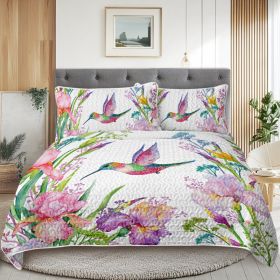 Watercolor Hummingbird Flowers Pattern Quilt Set -1 Quilt, 2 Shams (Option: King)
