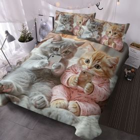 Cat Duvet Cover Set, Kawaii Pet Animal Cat Lover Comforter Cover Set, 3 Pieces, 1 Quilt Cover and 2 Pillowcases (size: Twin)