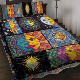 Bohemian Sun Moon Pattern Quilt Set Microfiber Soft Lightweight Portable Psychedelic Design Bedding Set, 1 Quilt with 2 Pillowcases (size: Full)