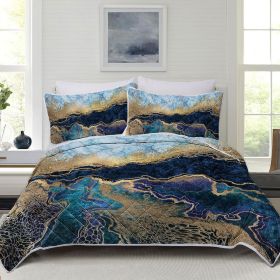 Marble Quilt Set, Blue and Gold Marble Bedding 3 Pieces, 1 Quilt & 2 Pillow Cases, Luxury Marble Bed Set (size: King)