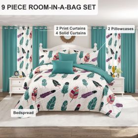 9-Piece Boho Feather Bedding & Curtain Set (Queen/King/Cal King) - Quilted Microfiber Bedspread + Sheer Curtains (Color: colorful feather, size: King)