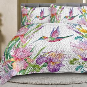 3pcs Colorful Bird Flower Design Quilt Set Soft Warm Bedding Set Include 1 Quilt And 2 Pillowcases For Home Bedroom Decor All season (Color: Pink, size: King)