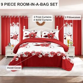 Red White Floral Duvet Cover & Curtain Set 9 Piece, Queen Size - Coordinated Bedding Bundle with Sheer Grommet Drapes (Color: red/white gardenia, size: CAL KING)