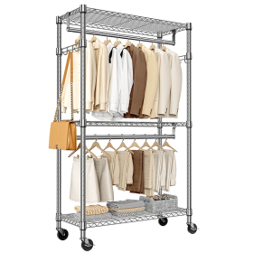 Heavy Duty Rolling Garment Rack 3 Tiers Adjustable Wire Shelving Clothes Rack with 2 Rods and Side Hooks (Color: Chrome)