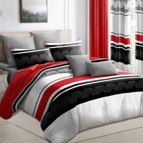 9-Piece Red & Geometric Zigzag Bedding & Curtain Set (Queen/King/Cal King) - Quilted Microfiber Bedspread + Sheer Curtains (Color: Red/Black Stripes, size: Twin)