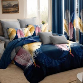 9-Piece Feather Print Bedding & Curtain Set (Queen/King/Cal King) - Quilted Microfiber Bedspread + Sheer Curtains (Color: Blue Feather, size: Queen)