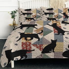 3pcs Of Black Cat Multi Posture Pattern Blanket Set All Season Bedding, 2 Pillowcases For Children, Teenagers, And Adults, Suitable For Bedrooms (Color: Brown, size: Queen)