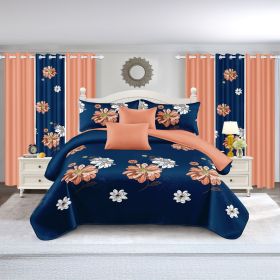 9-Piece Navy & Coral Floral Bedding & Curtain Set (Queen/King/Cal King) - Quilted Microfiber Bedspread + Sheer Curtains (Color: blue/red flower, size: CAL KING)